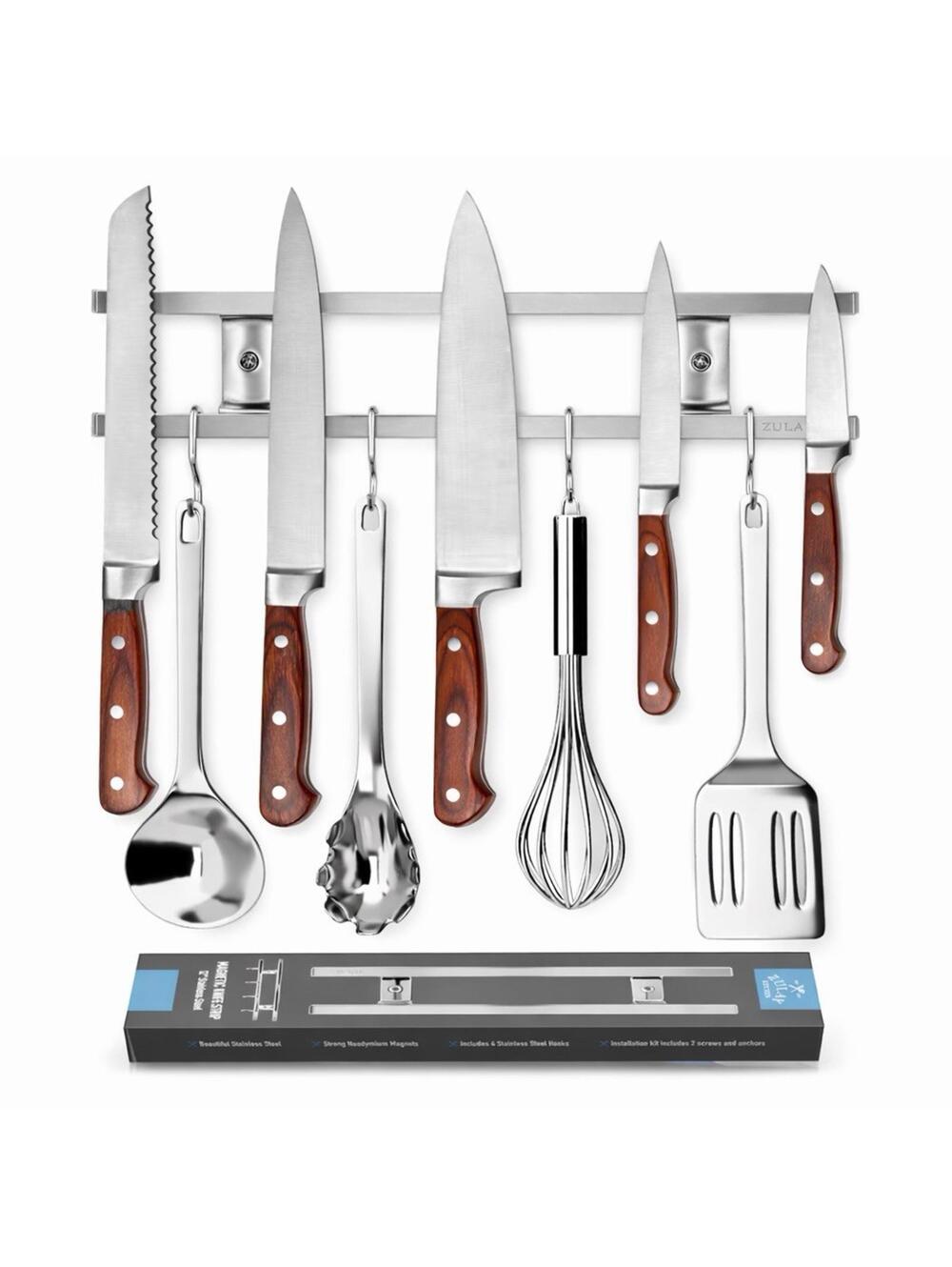 12” Magnetic Knife Strip Stainless Steel Wall Mount w/ 4 Hooks Kitchen Organize